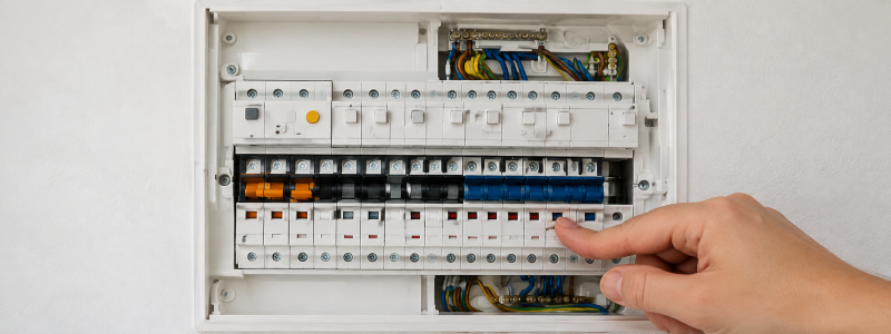 Cuadro eléctrico con mano accionando un interruptor